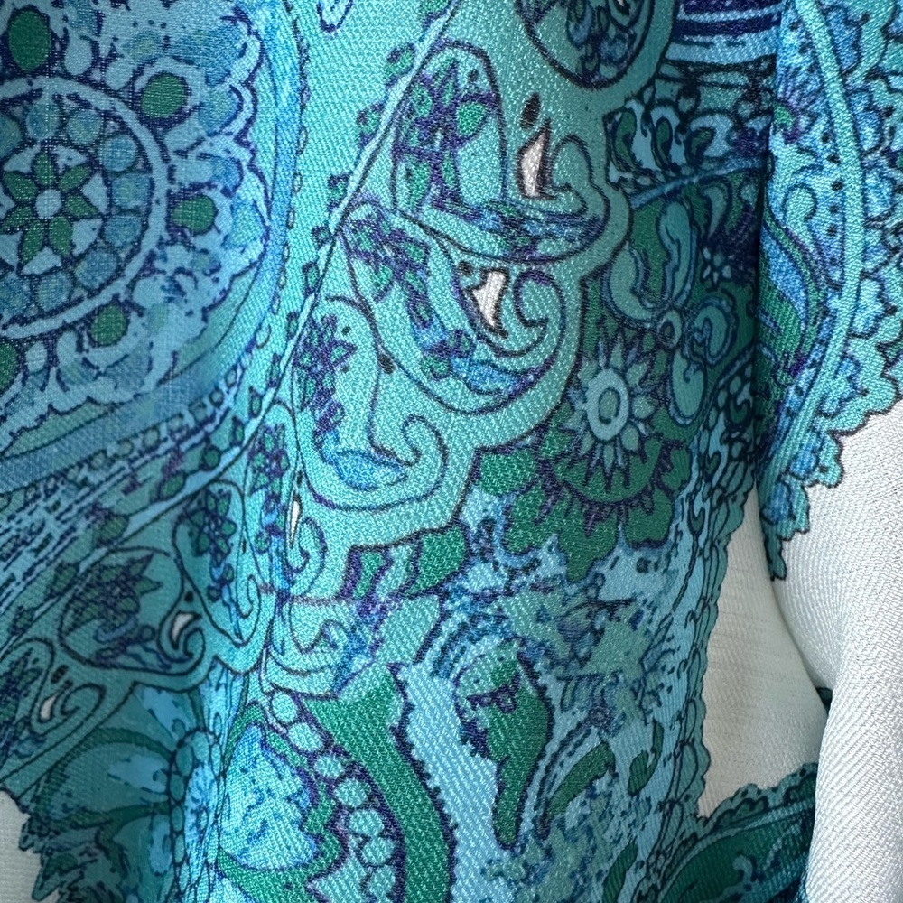 Luxxel Teal and White Paisley Tie-Front Blouse - Picture 6 of 6